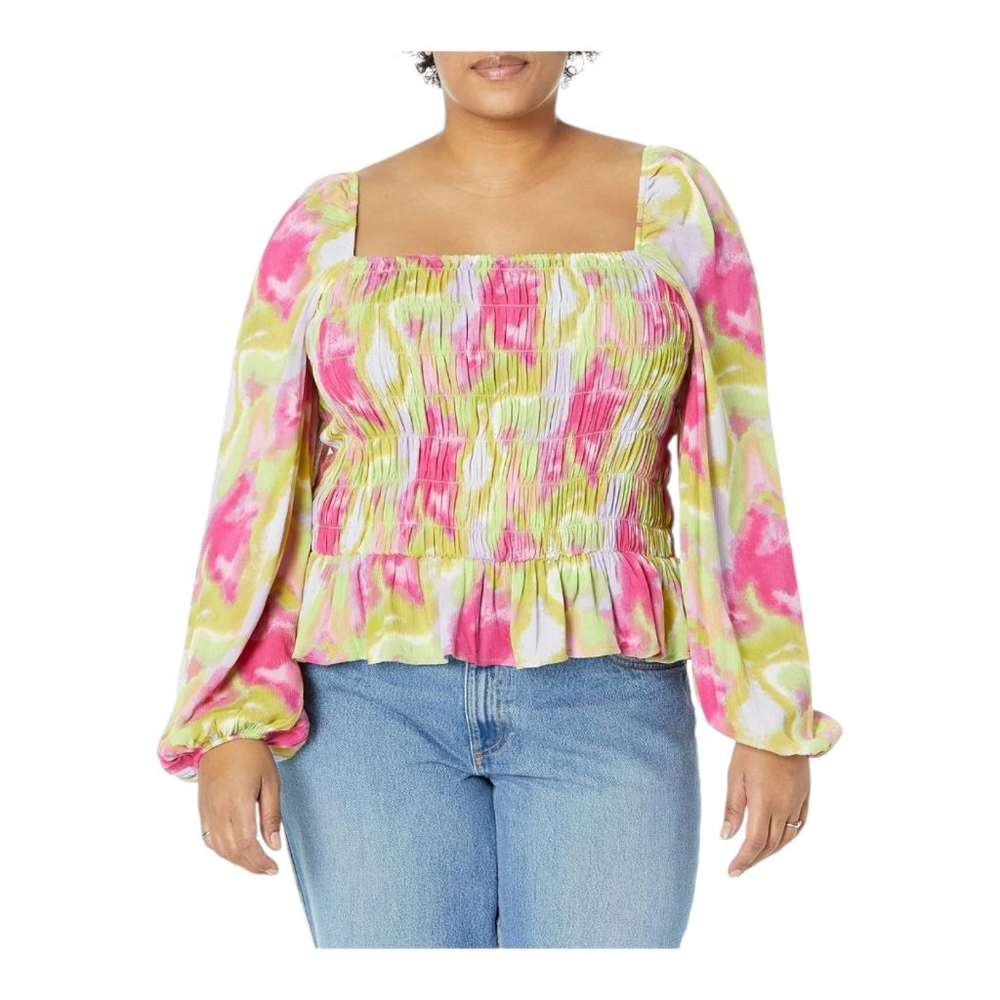 Women's The Drop Pink Yellow Tie-Dye Smocked Peplum Blouse L